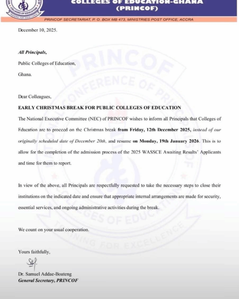 PRINCOF announces early Christmas break for Colleges of Education to support admission process