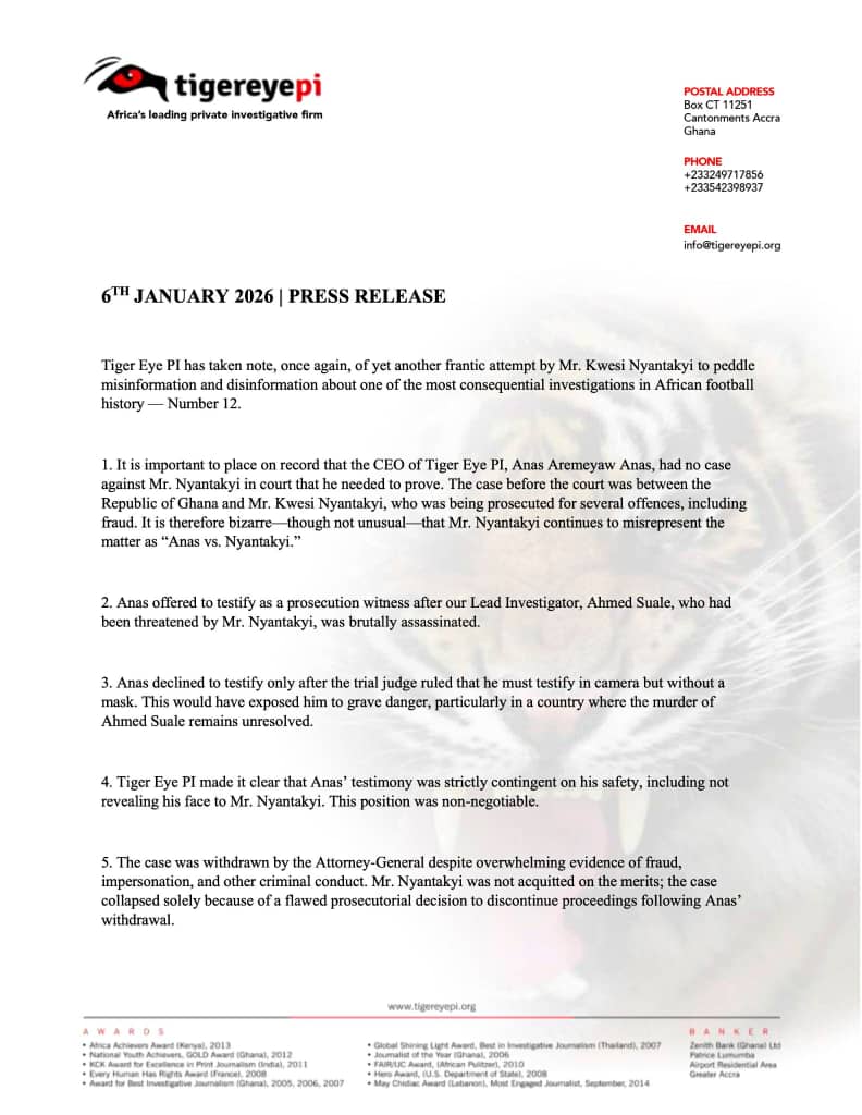 Tiger Eye PI rejects Nyantakyi’s claims on Number 12 exposé