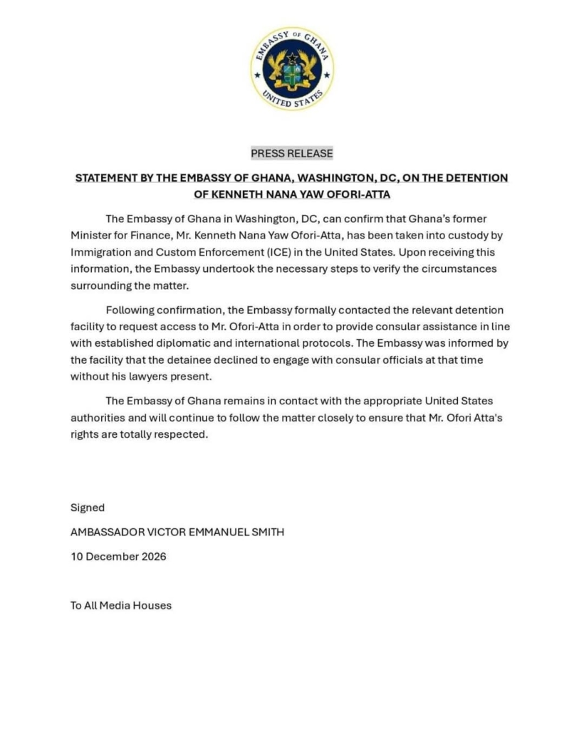 Ofori-Atta declines assistance from Ghana Embassy in US in the absence of his lawyer