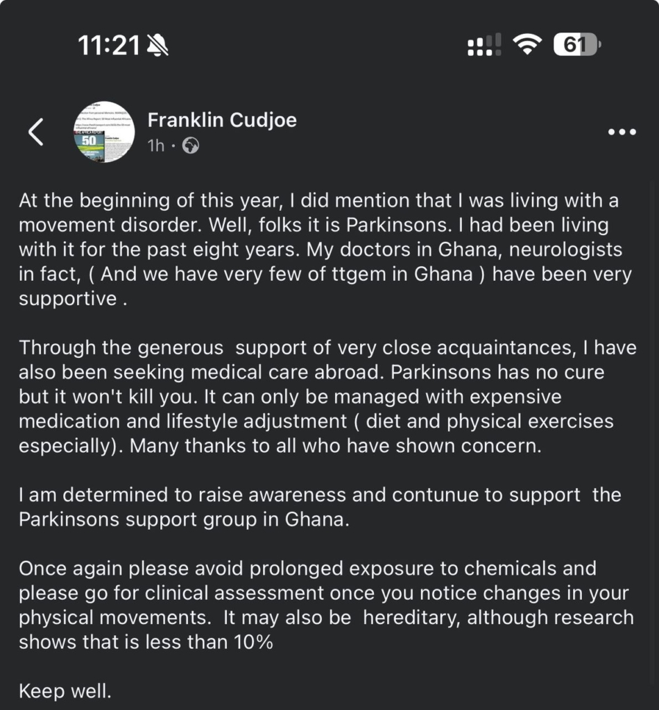 Franklin Cudjoe reveals he has been living with Parkinson disease for eight years