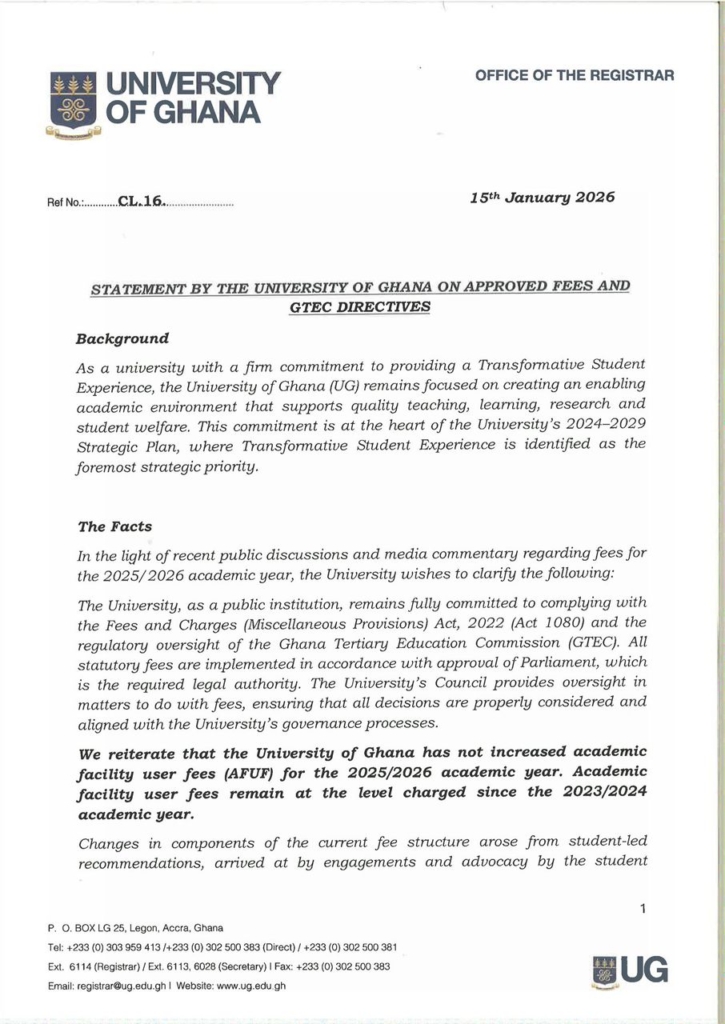 No increase in academic facility fees; Telecel data levy now optional - University of Ghana clarifies