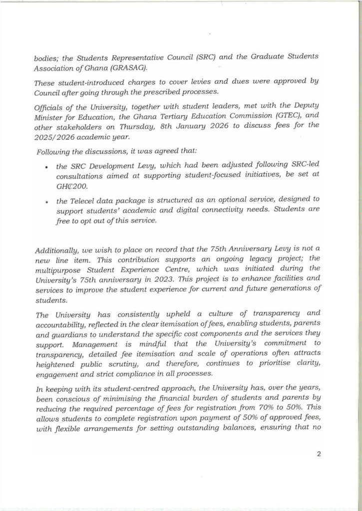 No increase in academic facility fees; Telecel data levy now optional - University of Ghana clarifies