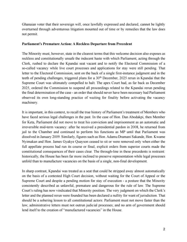 Minority demands withdrawal of any actions treating Kpandai seat as vacant after SC ruling Minority demands withdrawal of any actions treating Kpandai seat as vacant after SC ruling
