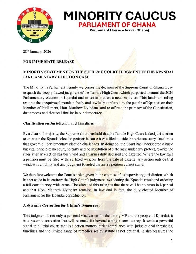 Minority demands withdrawal of any actions treating Kpandai seat as vacant after SC ruling Minority demands withdrawal of any actions treating Kpandai seat as vacant after SC ruling