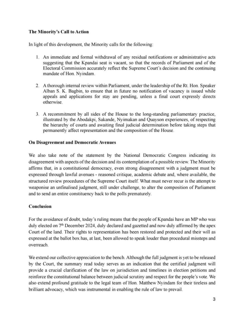 Minority demands withdrawal of any actions treating Kpandai seat as vacant after SC ruling Minority demands withdrawal of any actions treating Kpandai seat as vacant after SC ruling