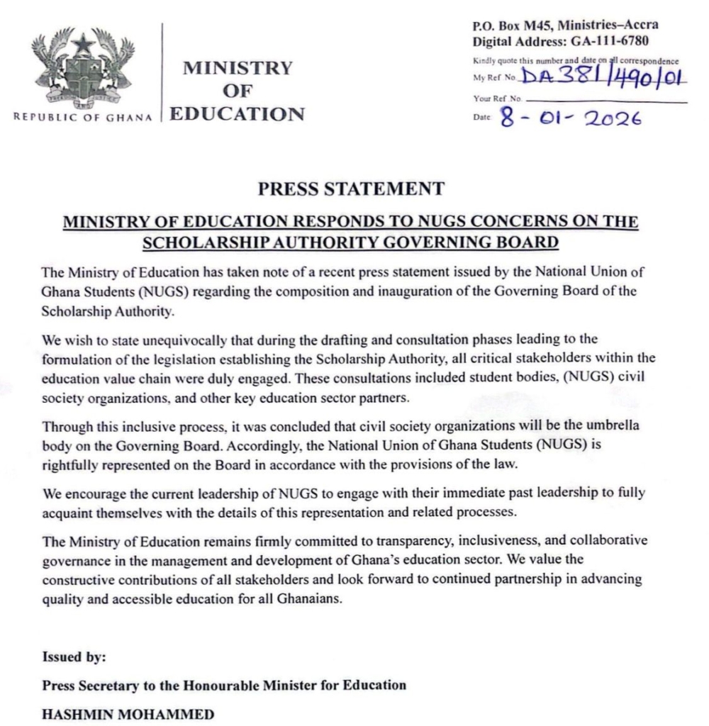 NUGS properly represented on Scholarship Authority Board - Education Ministry confirms