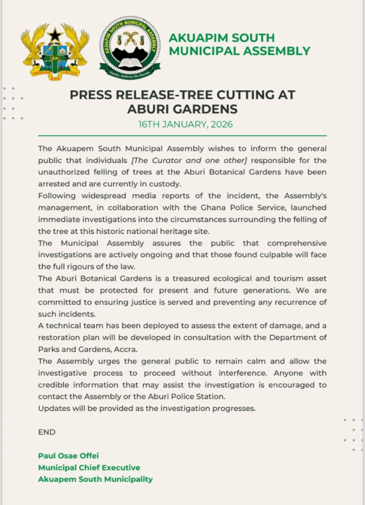 Curator, one other arrested over unauthorised tree felling at Aburi Botanical Gardens