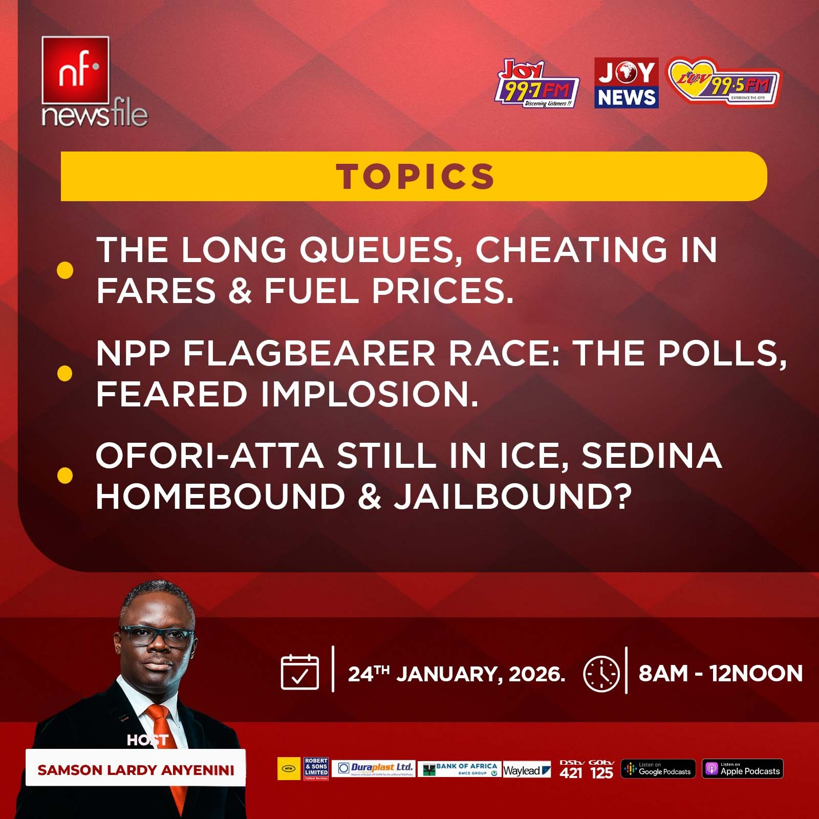 Newsfile to discuss transport fares & fuel prices, NPP presidential primaries, and Ofori-Atta & Sedina saga