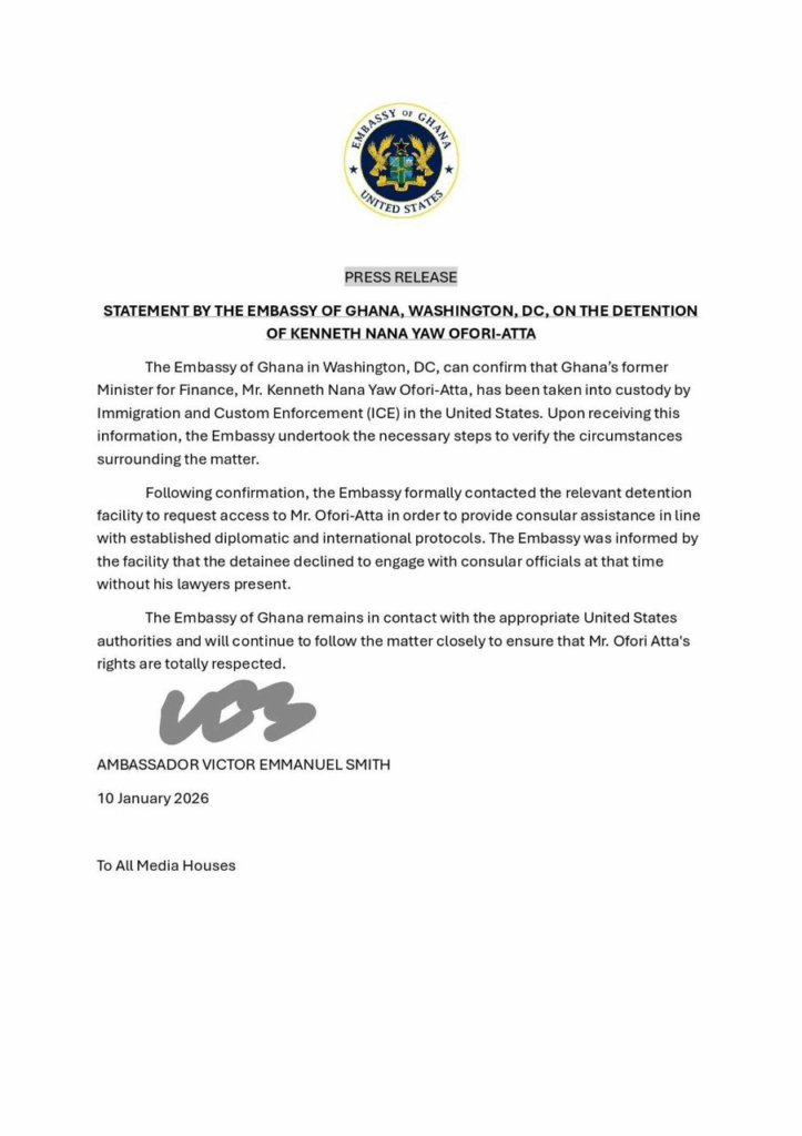 Embassy of Ghana confirms ICE detention of Ken Ofori-Atta