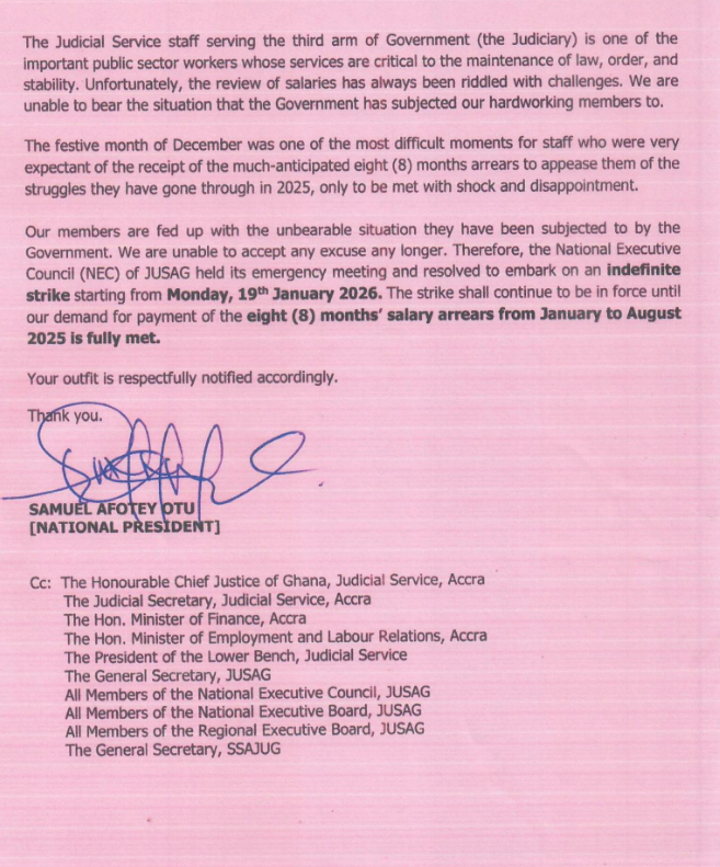 JUSAG declares strike on January 19 over unpaid salary arrears