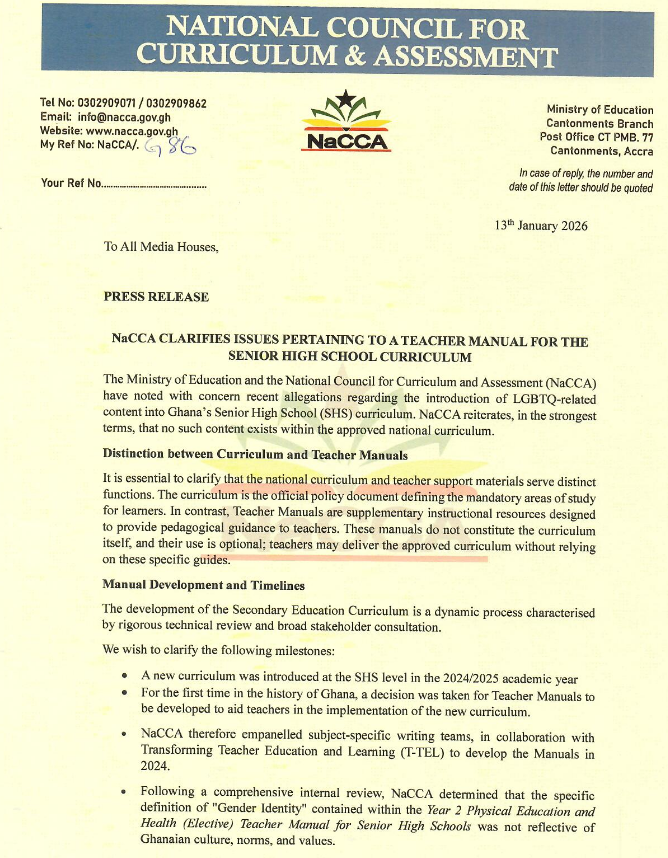 NaCCA revises teacher manual, withdraws 'gender definition' content deemed contrary to Ghanaian values