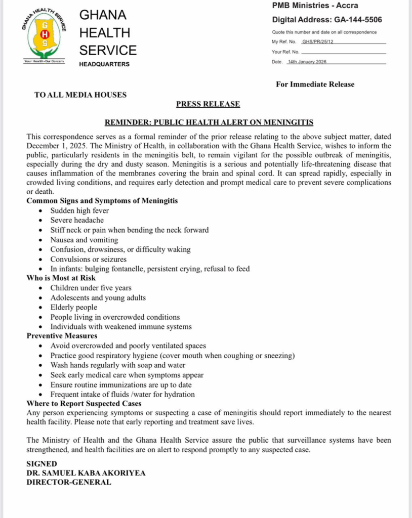 Health Ministry renews meningitis alert as dry season heightens outbreak risk Health Ministry renews meningitis alert as dry season heightens outbreak risk