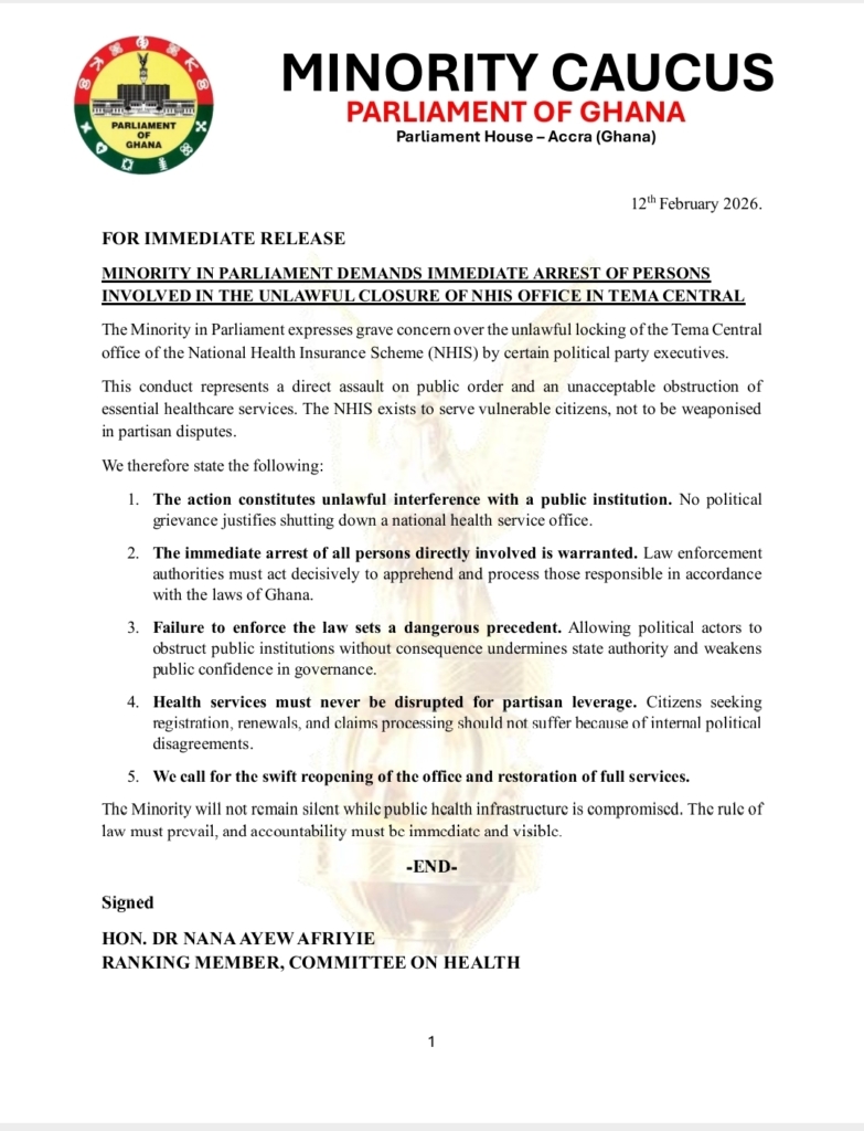 Minority demands immediate arrest over unlawful closure of Tema NHIS office