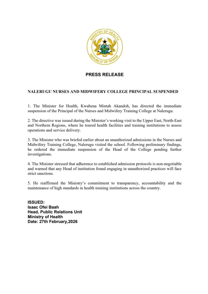 Principal of Nalerugu Nurses and Midwifery College suspended over unauthorised admissions