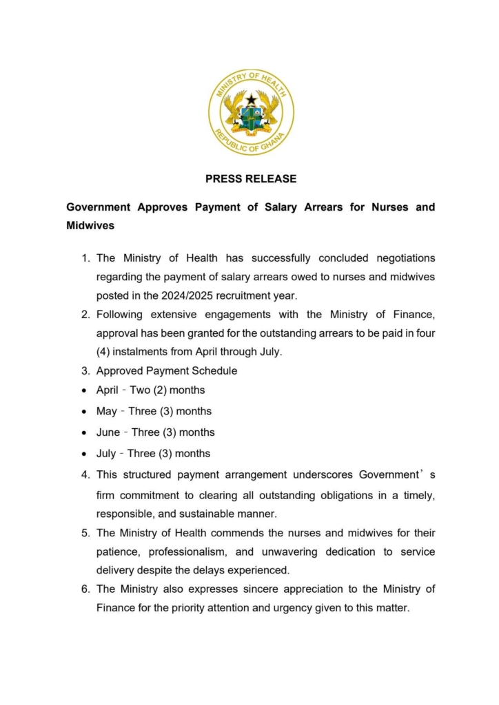 Gov't approves payment plan for nurses and midwives’ salary arrears Gov't approves payment plan for nurses and midwives’ salary arrears