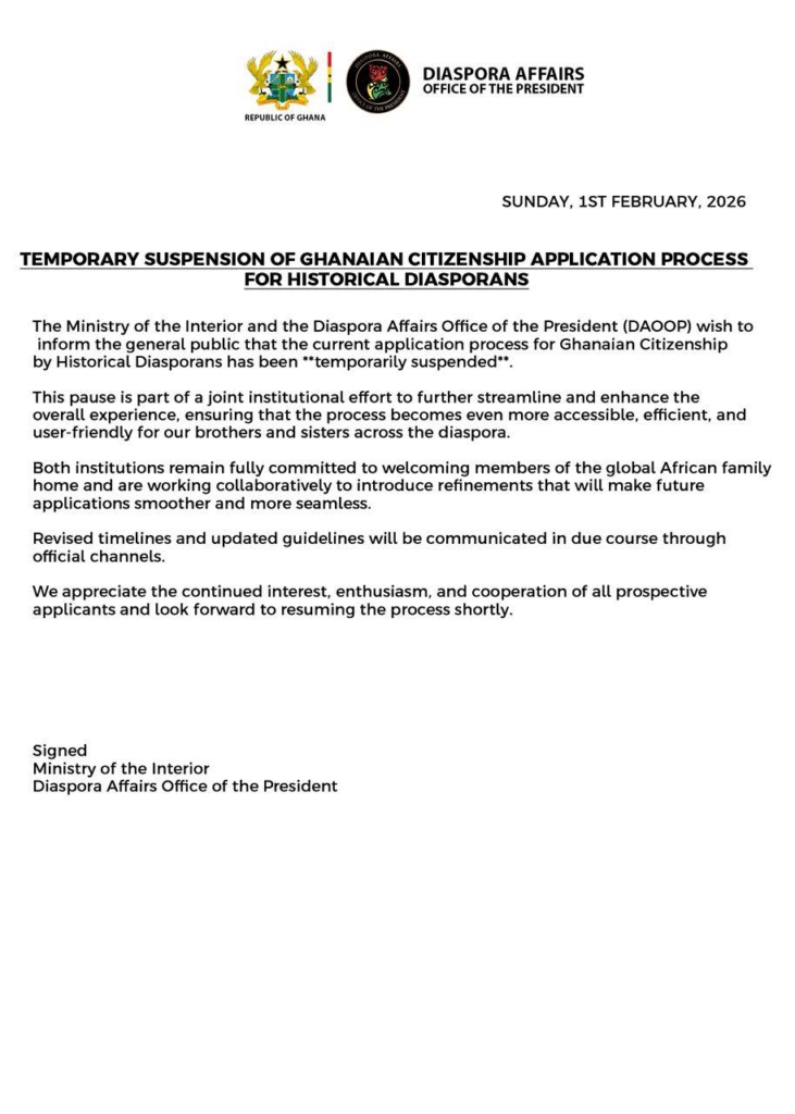 Ghana temporarily suspends citizenship applications for historical diasporans
