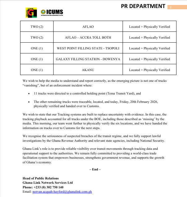 Ghana Link dismisses ‘missing’ transit truck claims Ghana Link dismisses ‘missing’ transit truck claims