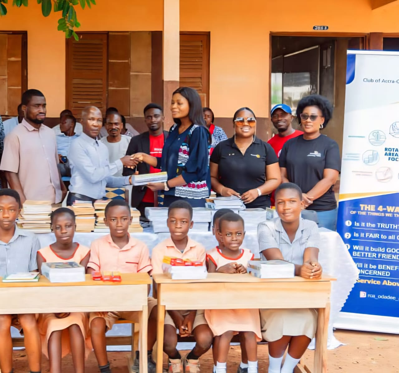 Rotary Club of Accra-Odadee AOGA donates desks and books, hosts reading clinic at Akropong M/A Basic School