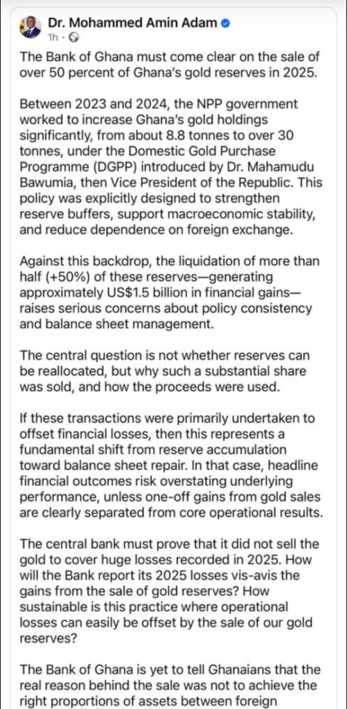 Bank of Ghana sold our gold reserves to hide 2025 losses – Amin Adam