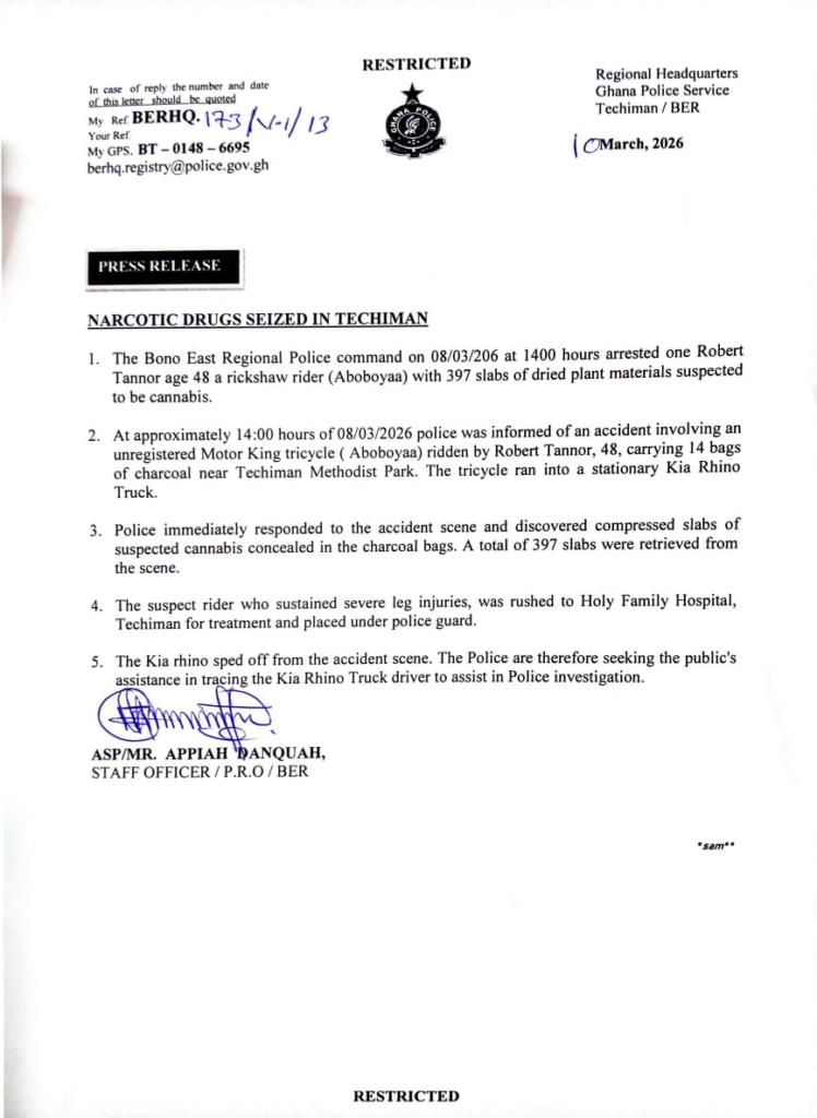 Police retrieve 397 slabs of suspected cannabis hidden in charcoal bags in Techiman