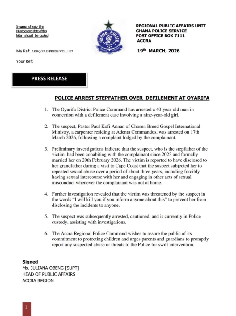 Oyarifa Police arrest pastor over alleged sexual abuse of 9-year-old stepdaughter