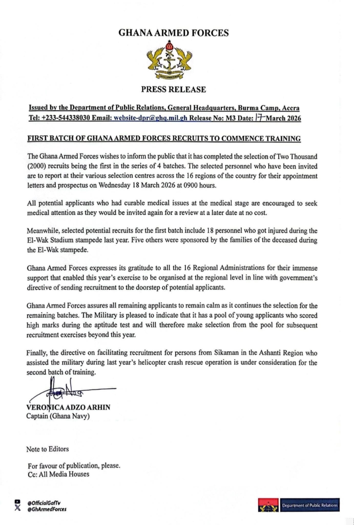 First batch of Ghana Armed Forces recruits to begin training