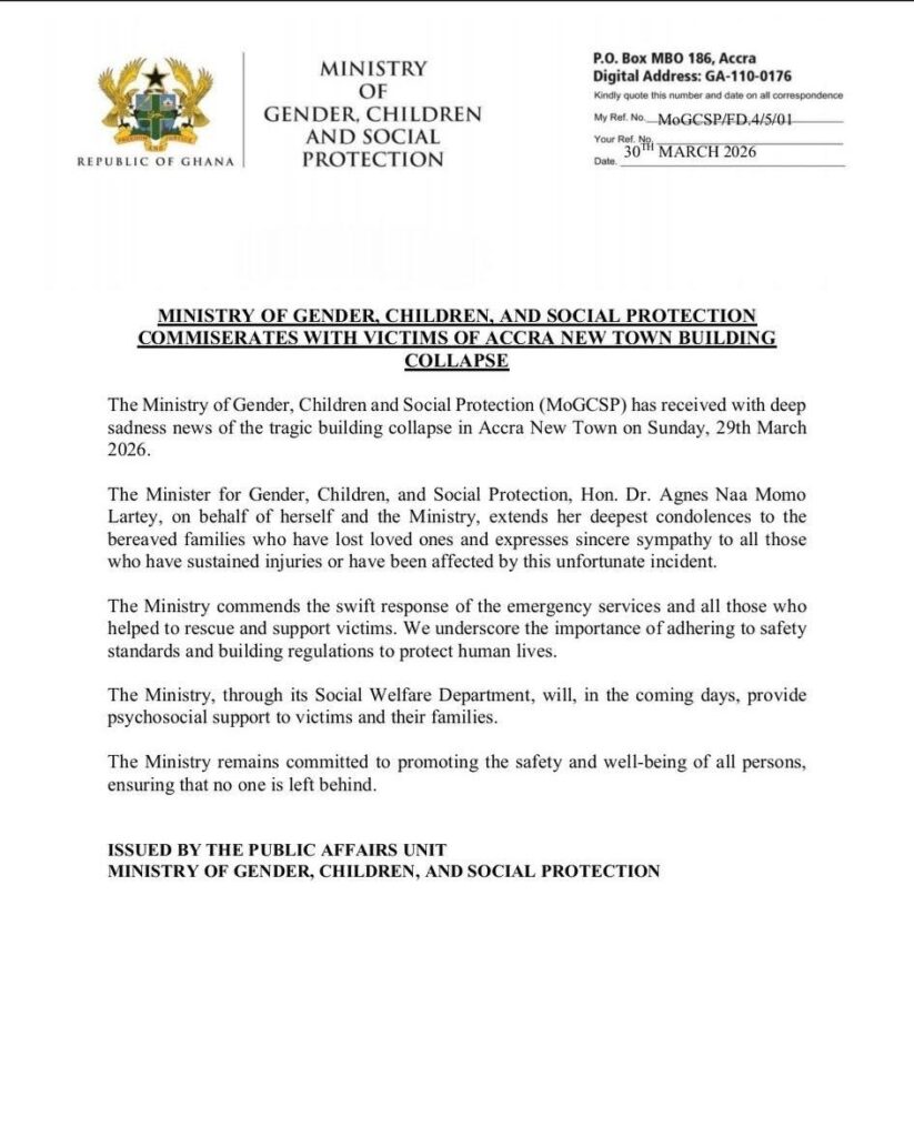 Gender Ministry mourns victims of Accra New Town building collapse