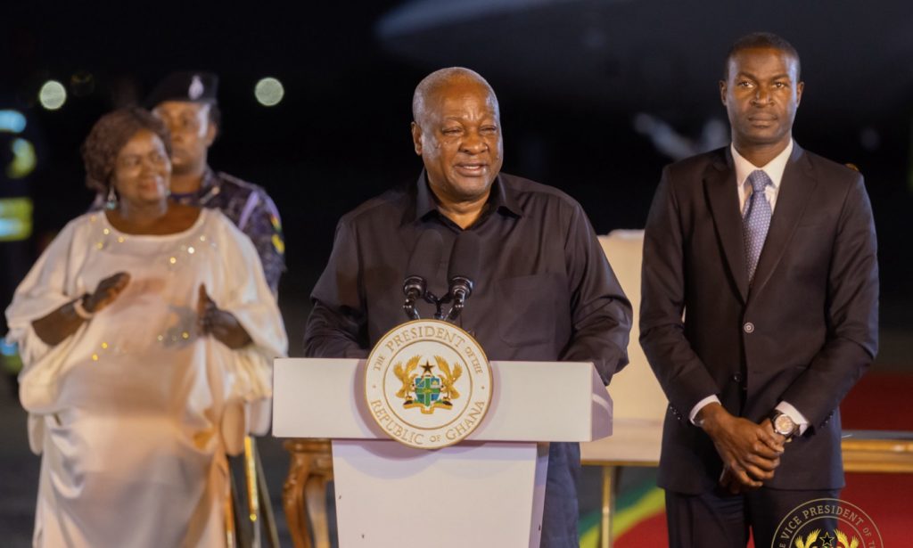 Mahama returns from UNGA to warm reception in Accra
