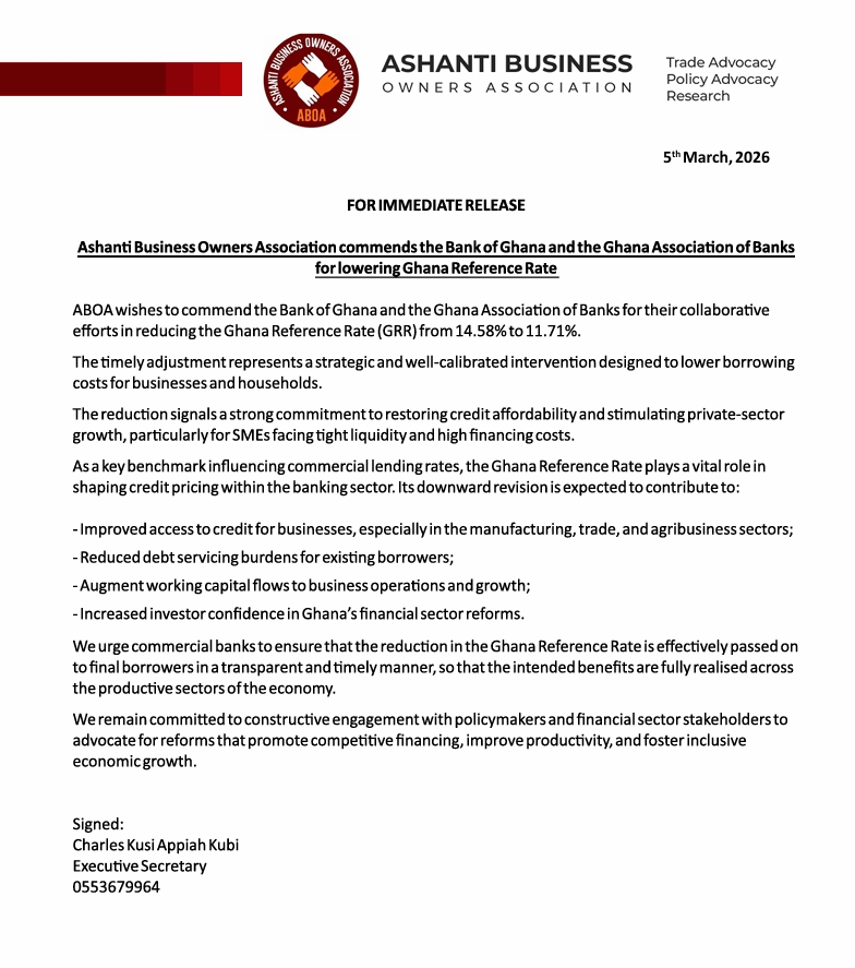 Ashanti Business Owners commend BoG over Ghana Reference Rate cut