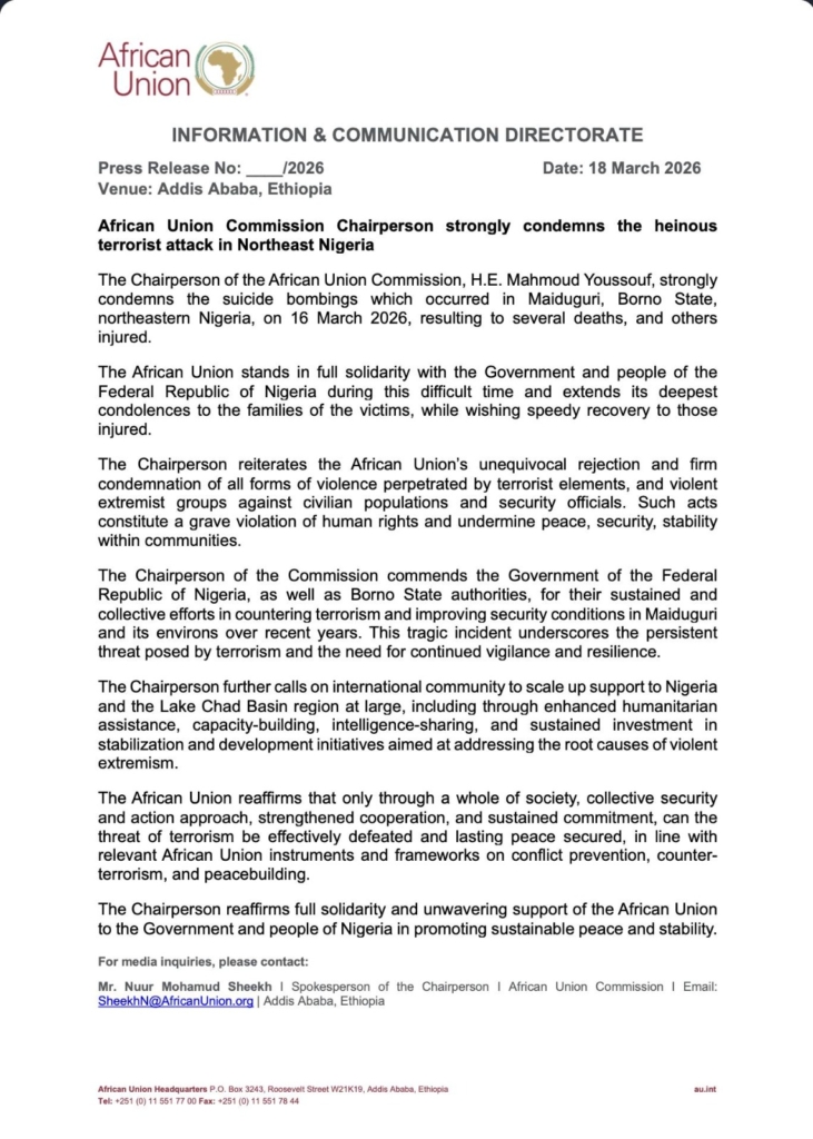 AU condemns heinous terrorist attack in Northeast Nigeria