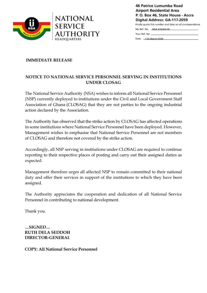 National Service Authority orders NSPs at CLOSAG institutions to continue work during strike
