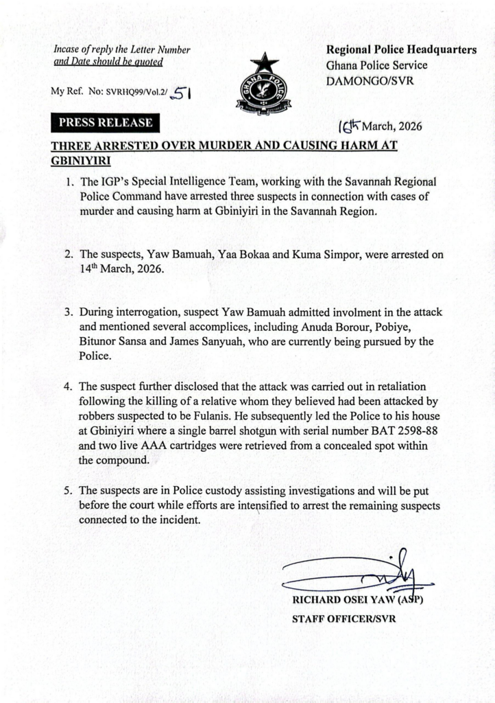 Three arrested over murder and assault at Gbiniyiri in Savannah Region Three arrested over murder and assault at Gbiniyiri in Savannah Region