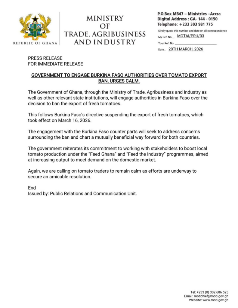 Gov't initiates talks with Burkina Faso over fresh tomato export ban