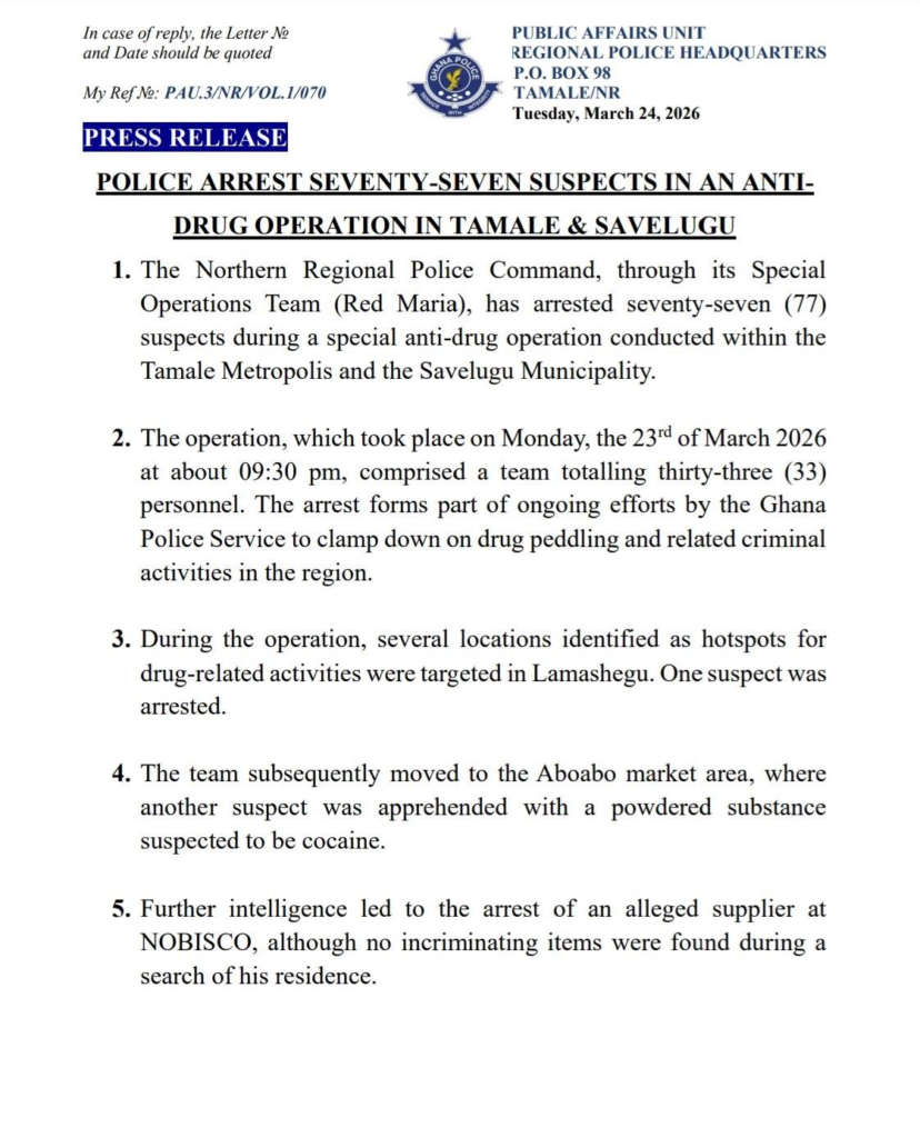 Police arrest 77 suspects in anti-drug operation in Tamale and Savelugu