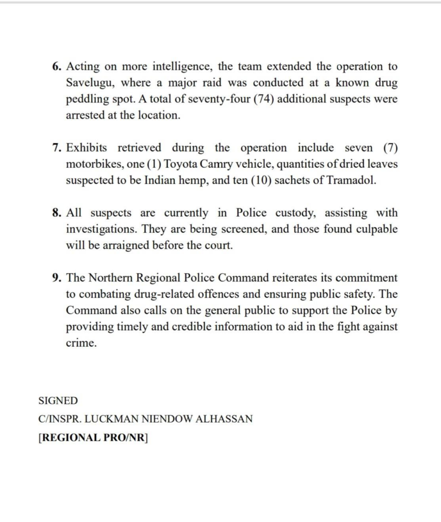 Police arrest 77 suspects in anti-drug operation in Tamale and Savelugu