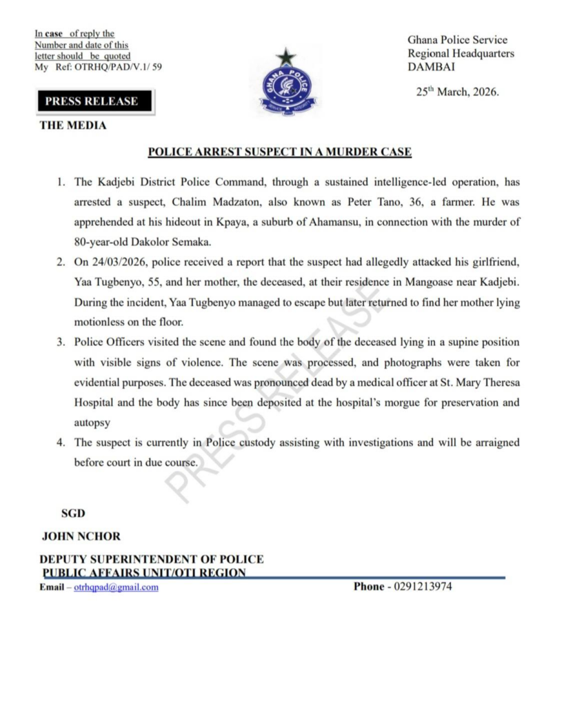 Suspect arrested over killing of elderly woman in Kadjebi