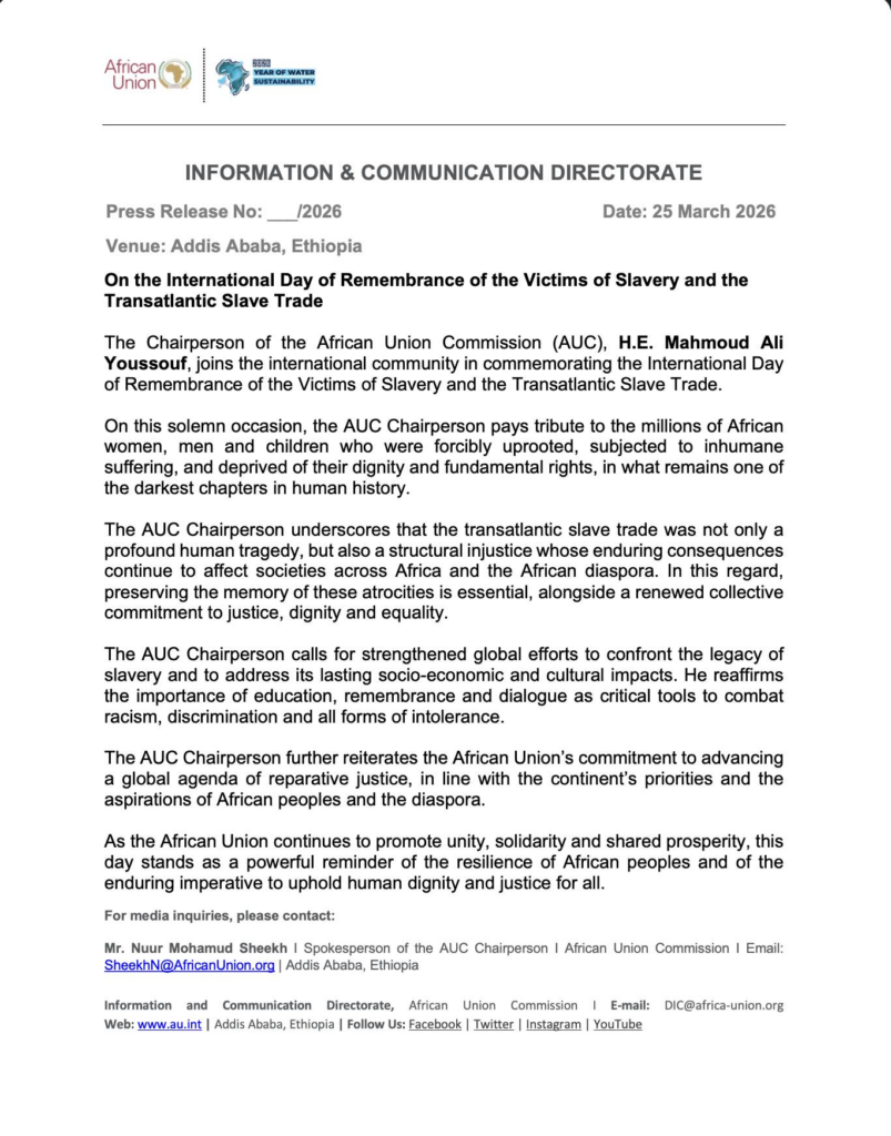 African Union marks slavery Remembrance Day, calls for justice and global action African Union marks slavery Remembrance Day, calls for justice and global action