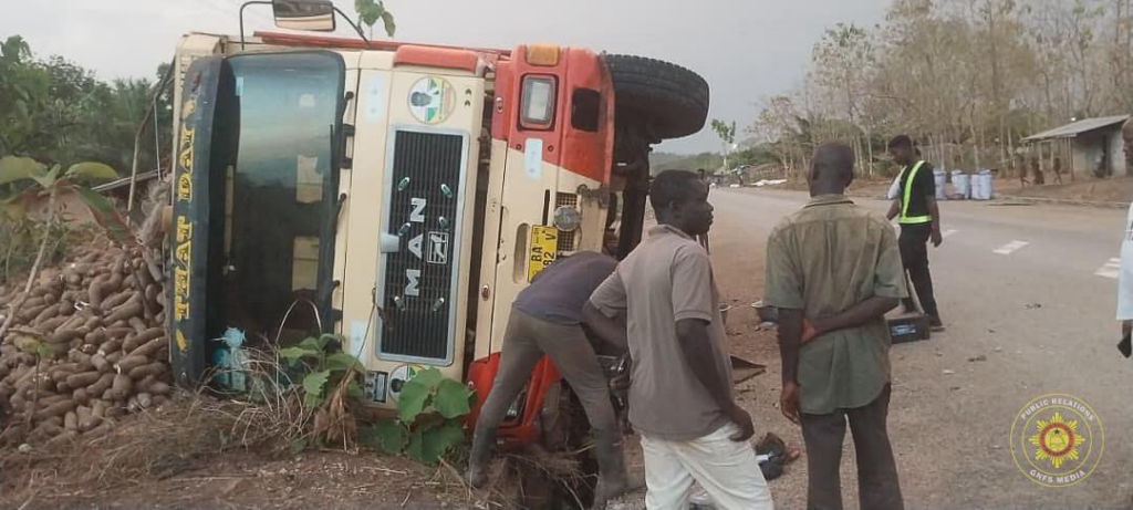 Three escape unhurt as diesel truck overturns in Oti Region