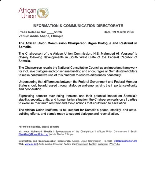 African Union Chair urges dialogue amid rising tensions in Somalia