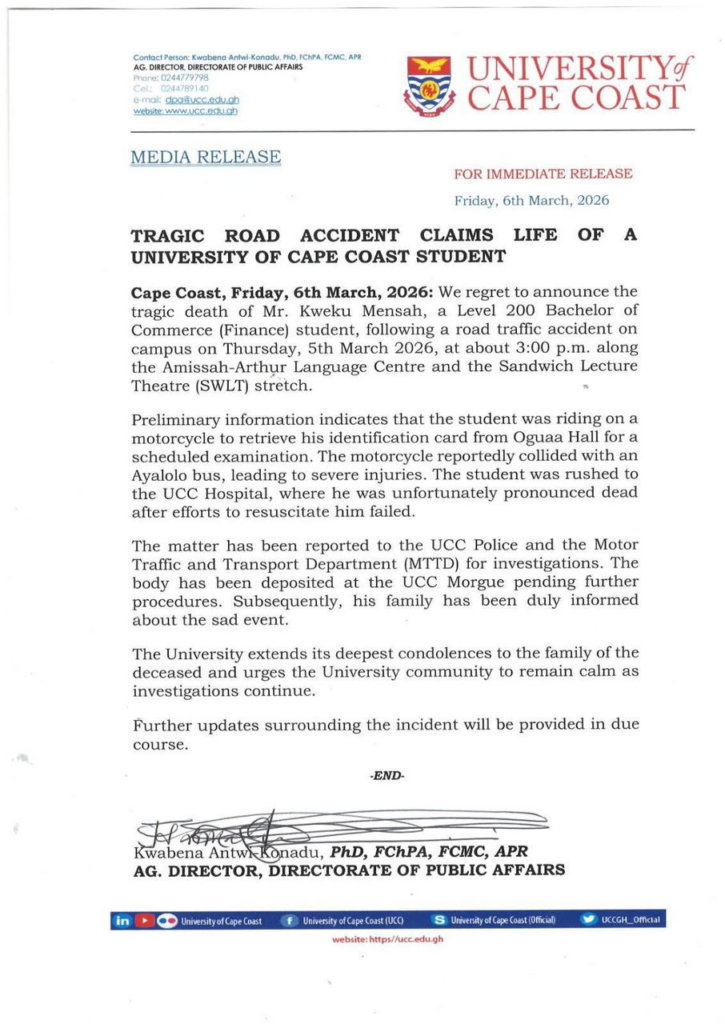 UCC student dies in tragic road accident on campus