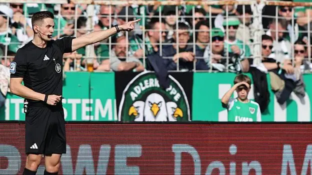 Masked fan unplugs VAR monitor in German...