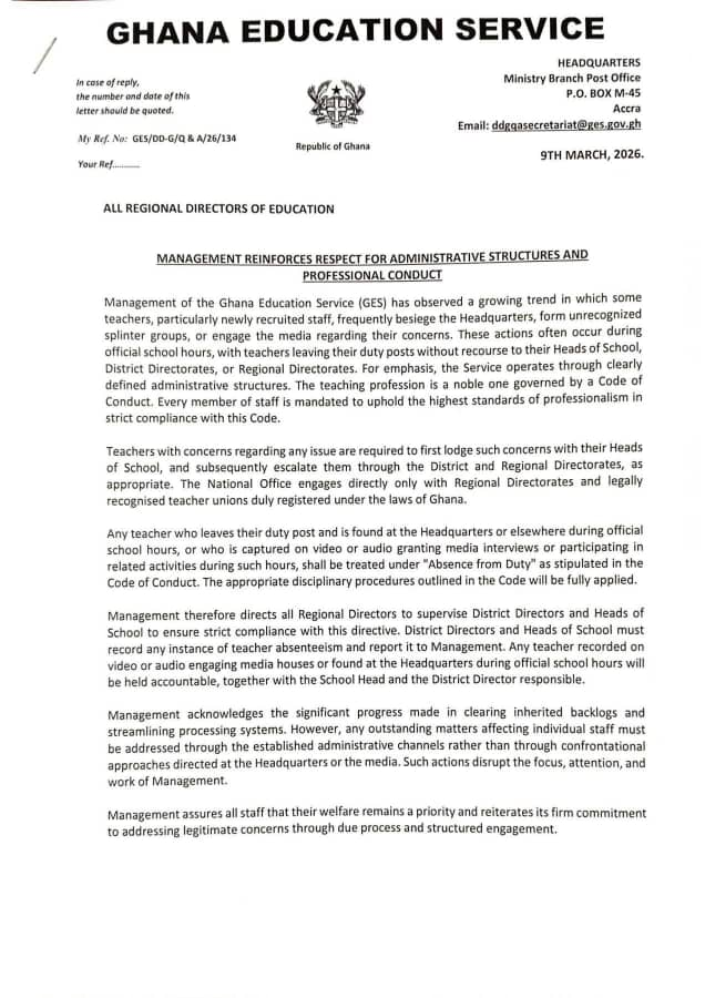 GES warns teachers against unauthorised visits and media engagement