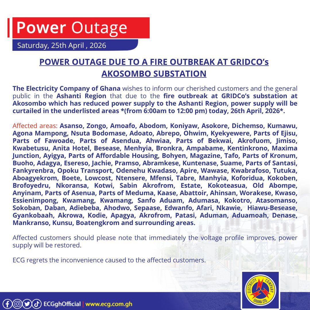 Power outages hit Ashanti, Central regions after Akosombo Substation fire