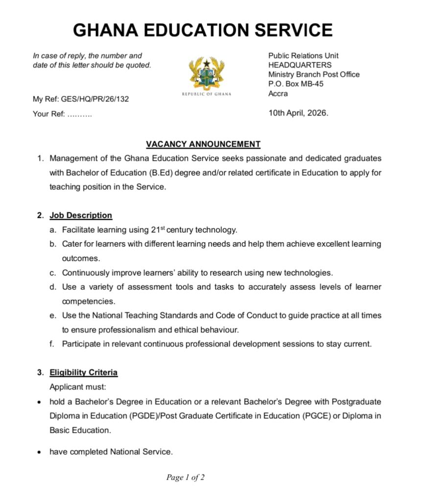GES opens 2026 teacher recruitment for licensed B.Ed graduates