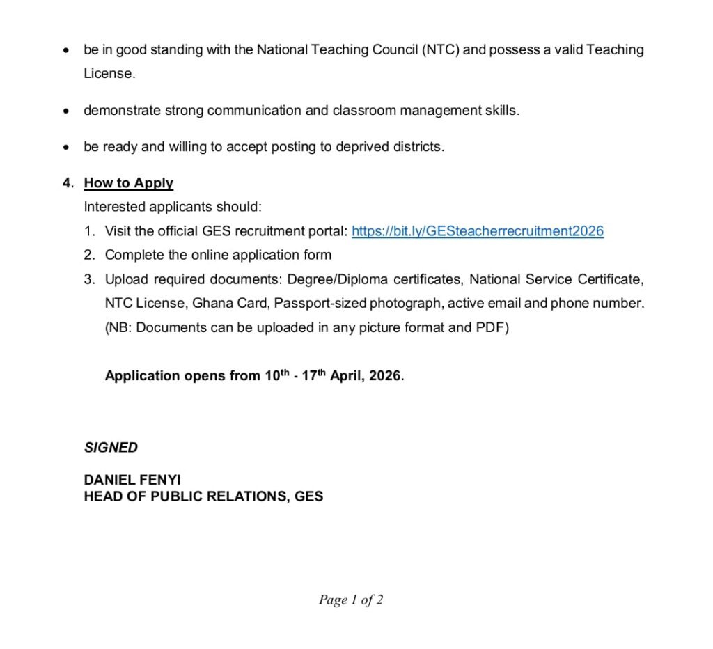 GES opens 2026 teacher recruitment for licensed B.Ed graduates