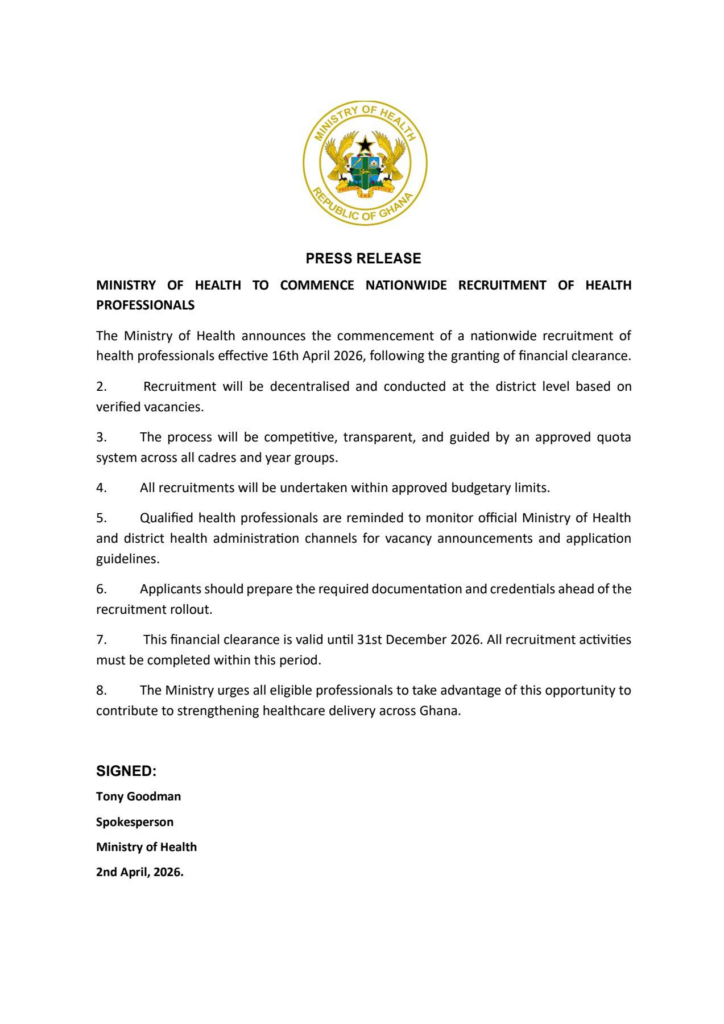 Health Ministry announces nationwide recruitment of health professionals from April 16