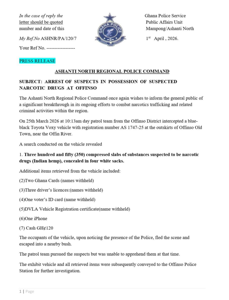 Ashanti North police seize large quantity of suspected narcotics in Offinso, four arrested