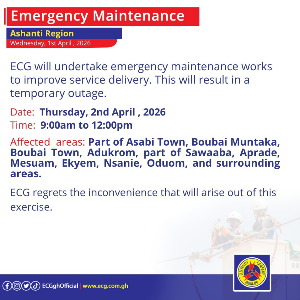 Power outage in Accra West and scheduled maintenance in Ashanti Region Power outage in Accra West and scheduled maintenance in Ashanti Region