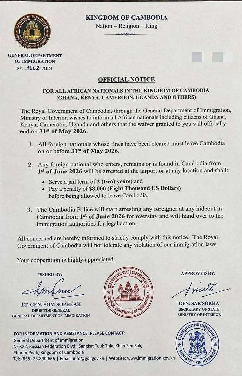 Cambodia orders Ghanaians, other African nationals to leave country by May 31 or face arrest