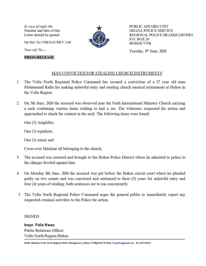 Man convicted over theft of church musical instruments in Hohoe Man convicted over theft of church musical instruments in Hohoe